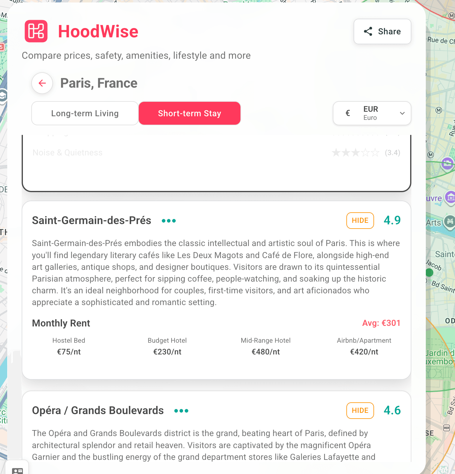 Short-term stay mode — neighborhood ratings and monthly rent averages