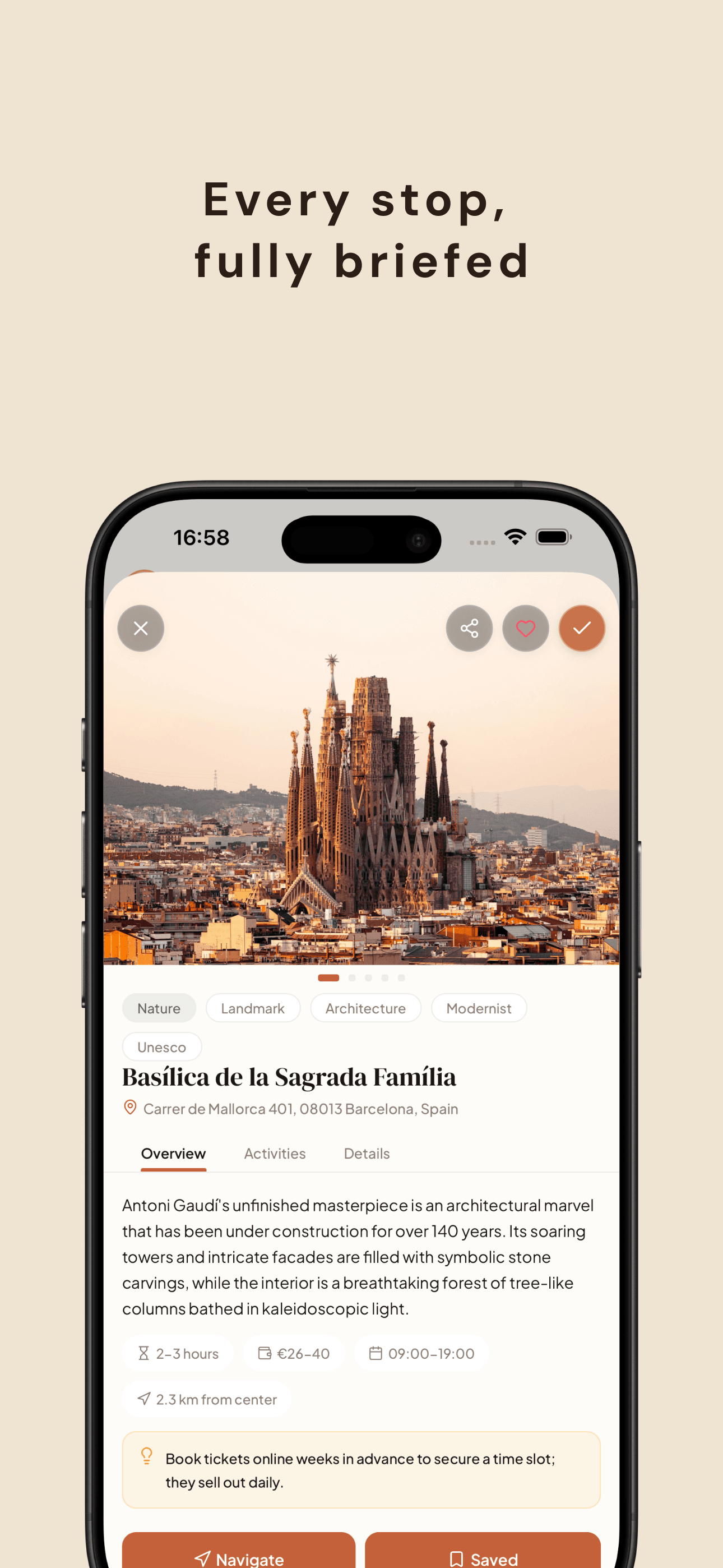 Activity details — deep context, photos, and booking links