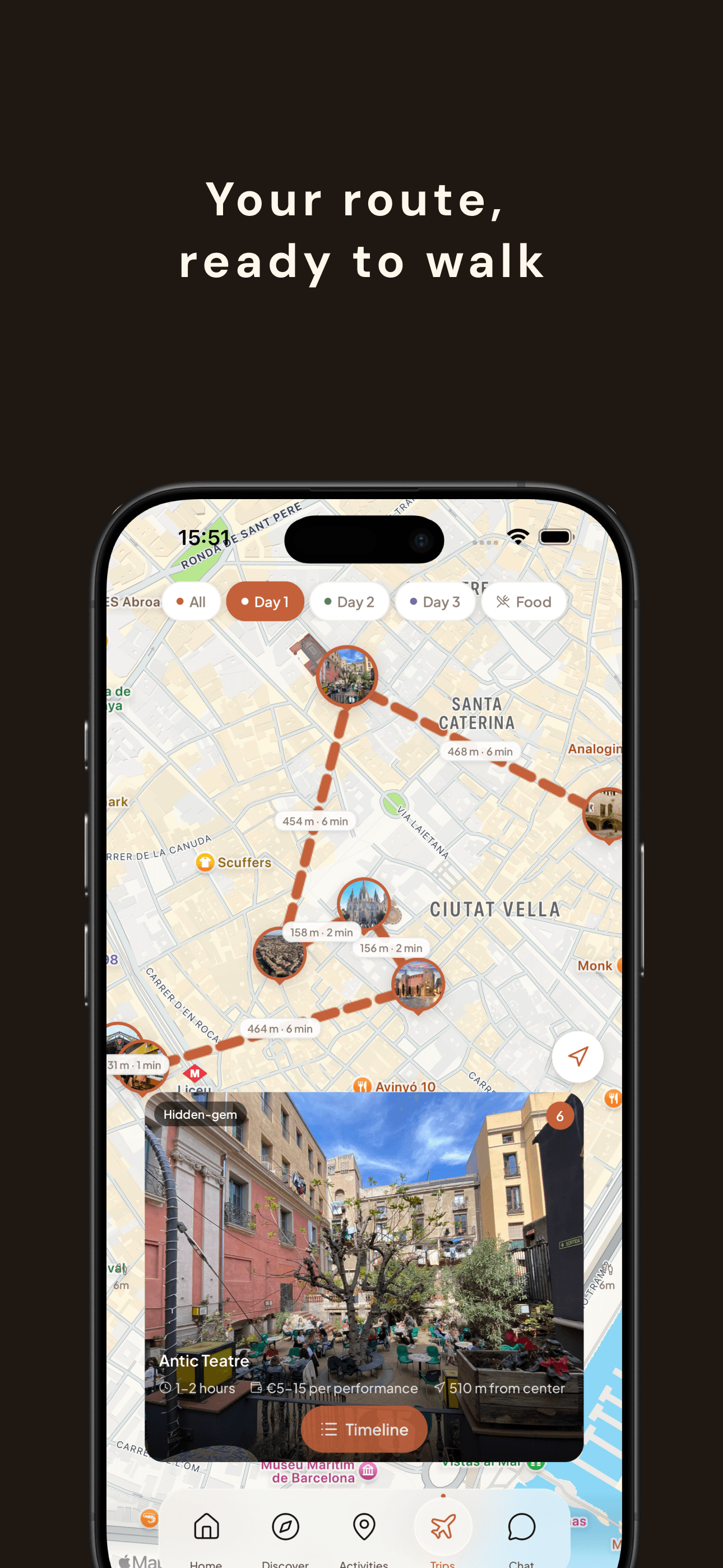 Interactive route map — daily walking route with activity pins
