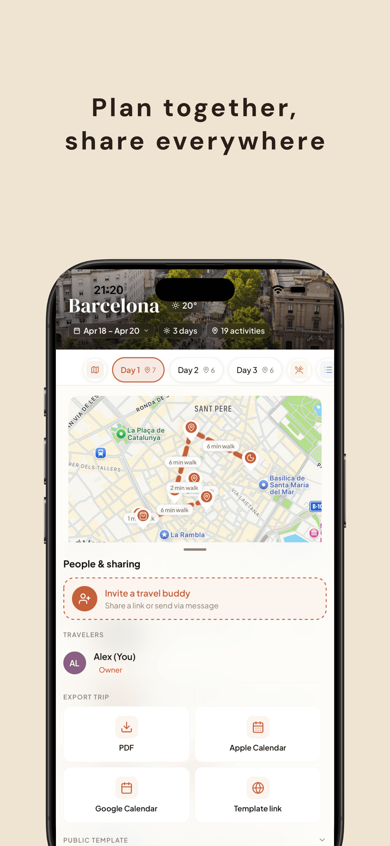 Share and export — ICS, PDF, Google Calendar, Notion