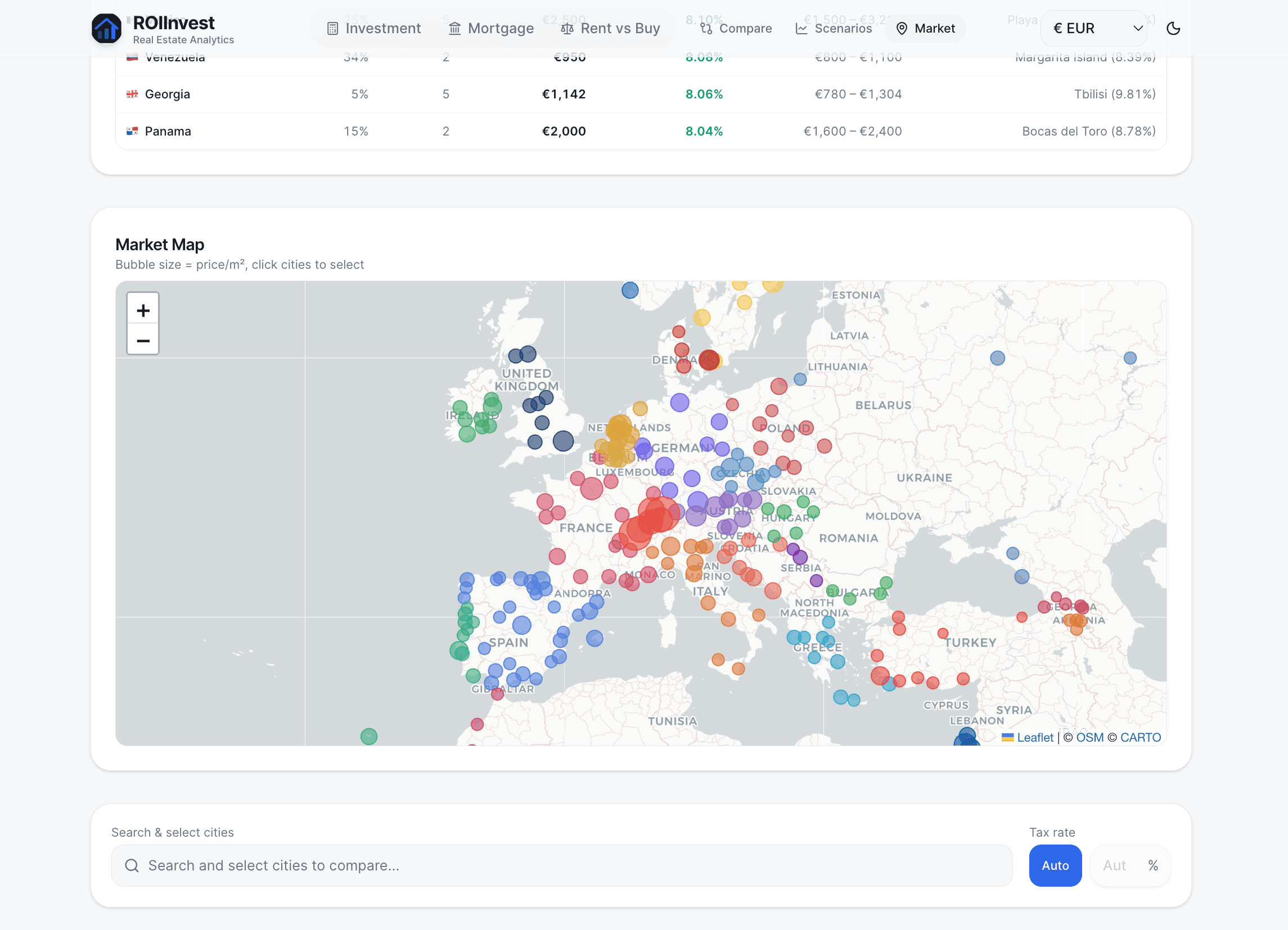 Market Map — interactive bubble map of European real estate markets