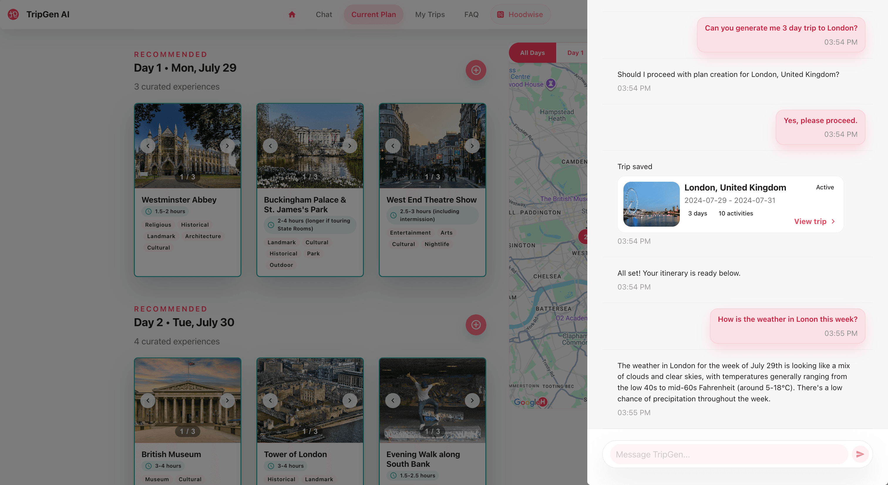 Conversational chat interface generating a London itinerary
