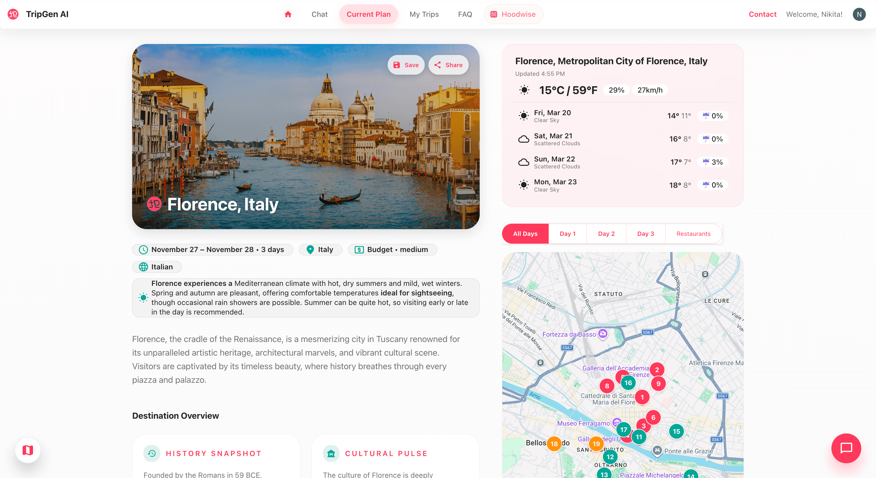 Florence destination overview — weather, map, and city description