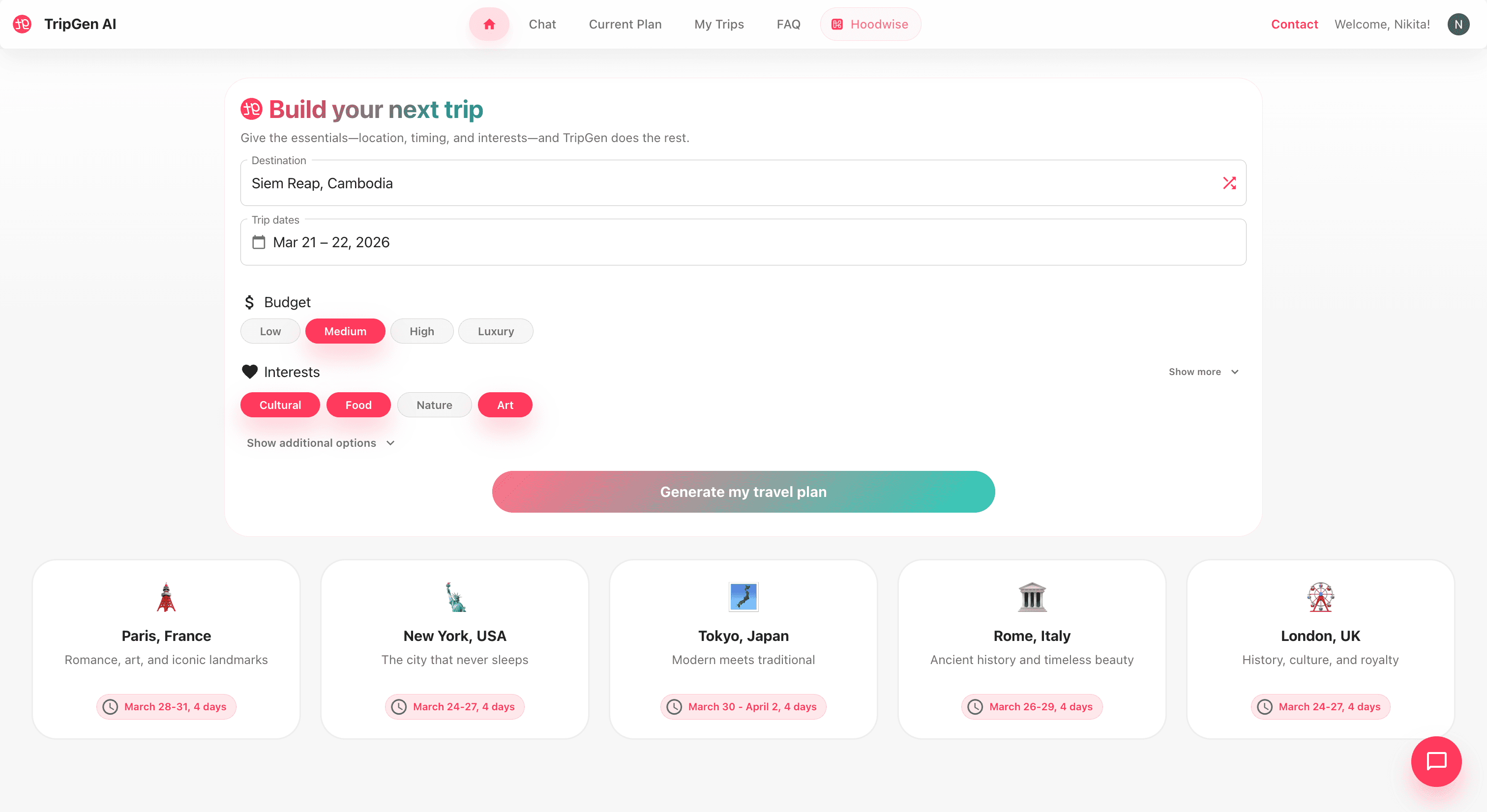 Trip builder — destination, dates, budget, and interest selection