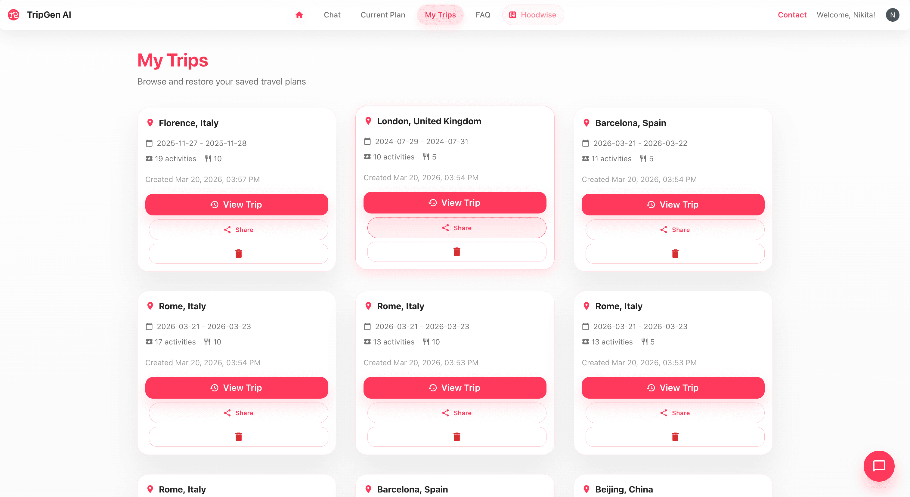 My Trips dashboard — saved travel plans overview